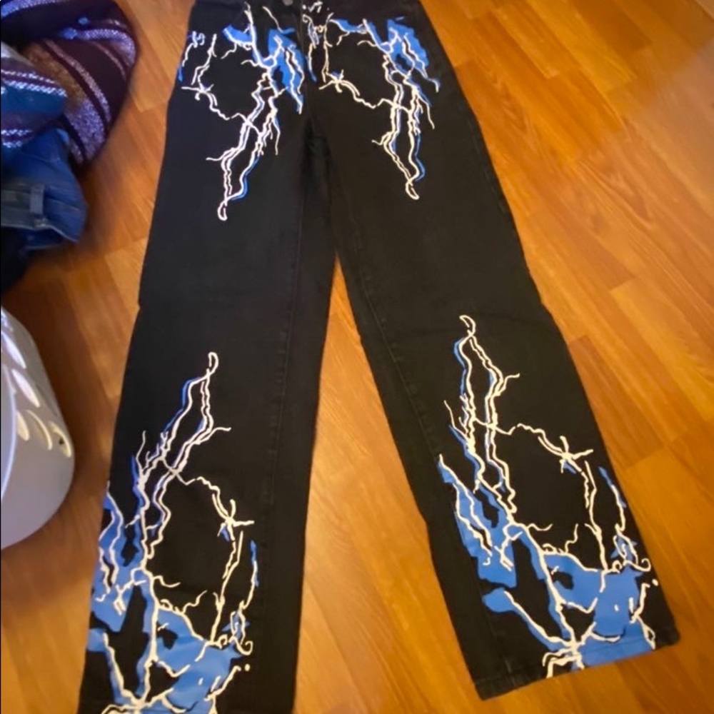 High Waisted Lightning Print Straight Jeans